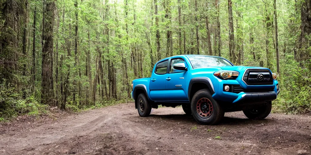 Prompt: Toyota Tacoma as an SUV driving on a forest road