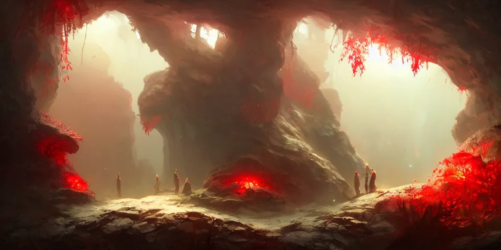 Image similar to entrance to small cave inside the forest, large glowing red crystalline sprouts growing. In style of Greg Rutkowski, Jesper Ejsing, Makoto Shinkai, trending on ArtStation, fantasy, great composition, concept art, highly detailed, scenery, 8K, Behance.