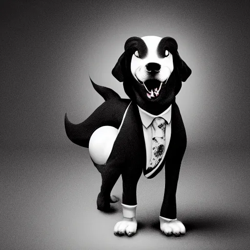 Prompt: a monster dog in a suit, nightmare, black and white