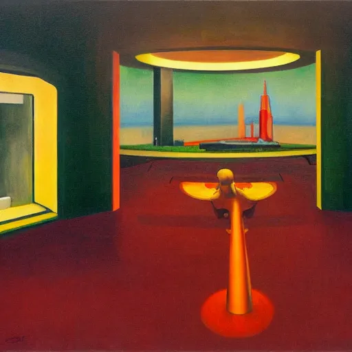 Prompt: evil lair, cyborg mastermind, mind control facility, dystopian, pj crook, edward hopper, oil on canvas