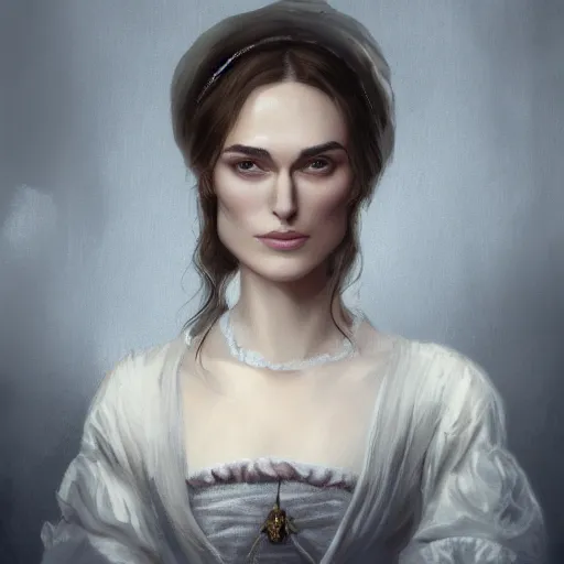 Prompt: Portrait of Keira Knightley in victorian london, elegant, digital painting, highly detailed, fantasy, artstation, concept art, smooth, sharp focus, illustration,