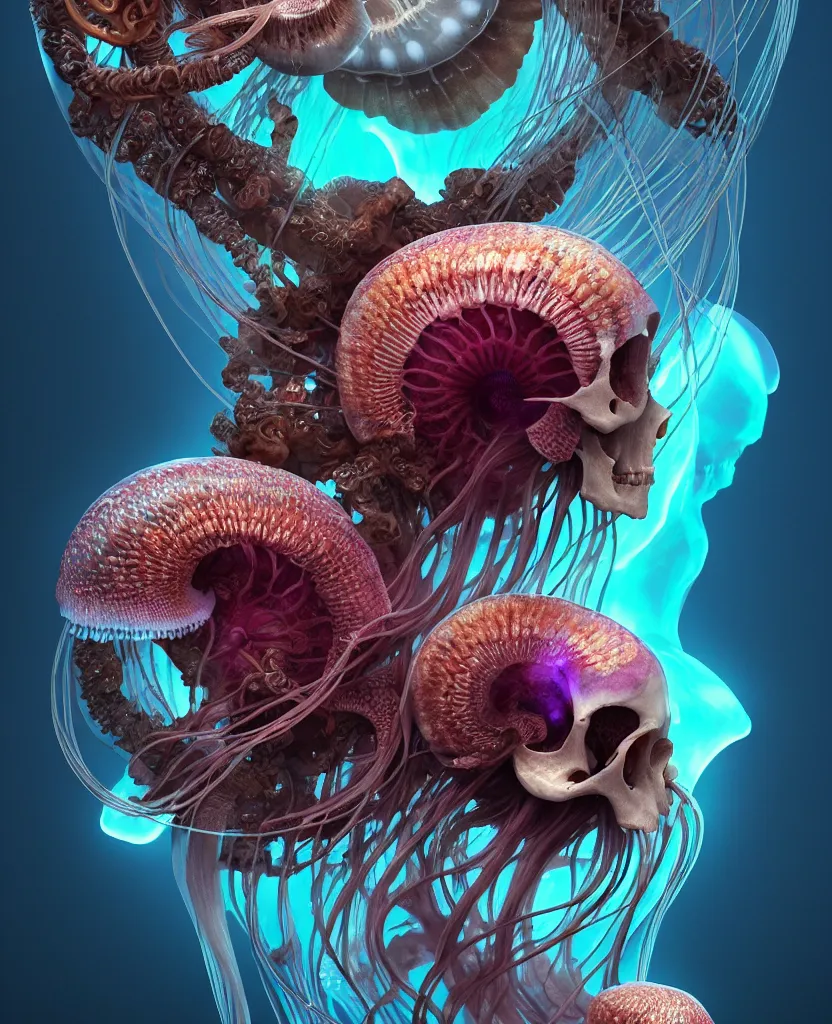 Image similar to goddess close-up portrait ram skull. jellyfish phoenix head, nautilus, orchid, skull, betta fish, bioluminiscent creatures, intricate artwork by Tooth Wu and wlop and beeple. octane render, trending on artstation, greg rutkowski very coherent symmetrical artwork. cinematic, hyper realism, high detail, octane render, 8k