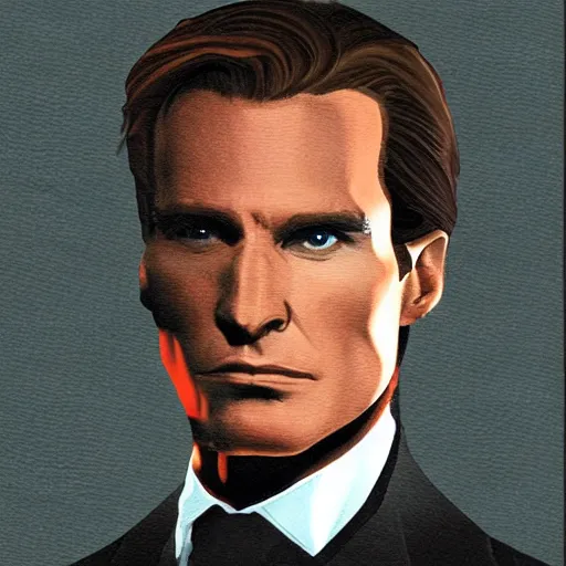 Image similar to portrait of Patrick Bateman from American Psycho, in the style of the Hudson River School