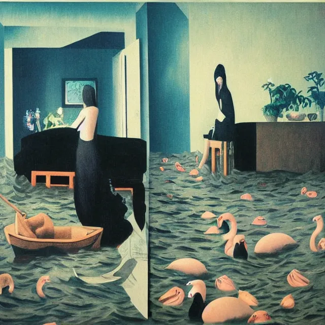 Prompt: tall female emo artist in their flooded apartment, painting of flood waters inside an artist's home, a river flooding indoors, pomegranates, pigs, ikebana, zen, water, octopus, river, rapids, waterfall, black swans, canoe, berries, acrylic on canvas, surrealist, by magritte and monet