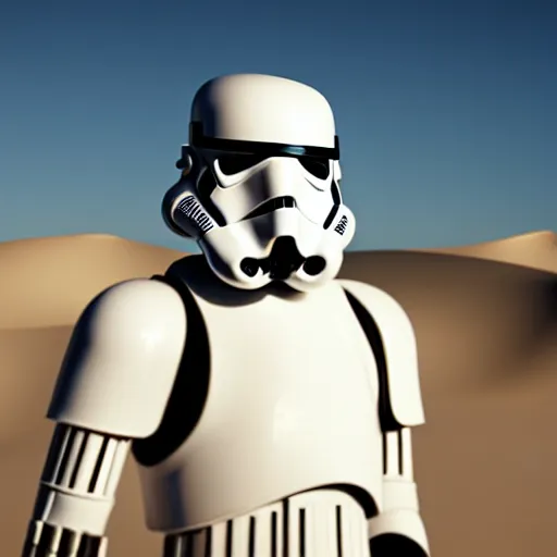 Prompt: innovative avant-garde art, deco fashion, stormtrooper, highly detailed, photorealistic portrait, serene desert setting, golden hour, crisp quality and light reflections, unreal engine 5 quality render