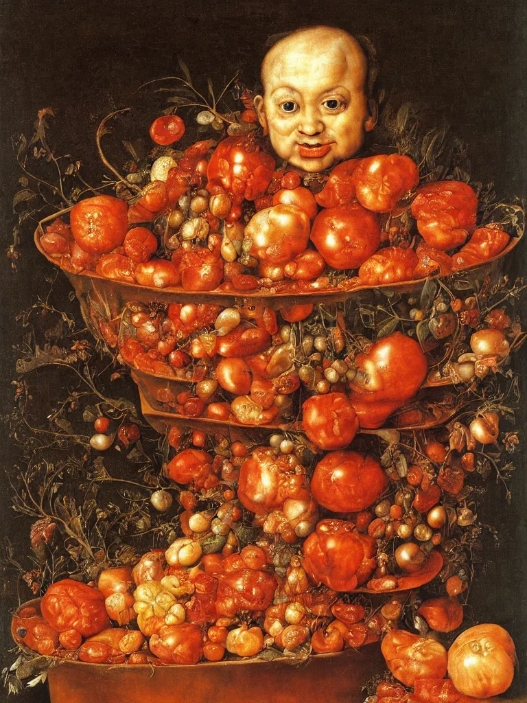 Image similar to a boy sitting in a tub full of tomato sauce, by giuseppe arcimboldo, renaissance, portrait, fruit, detailed oil paint, high definition