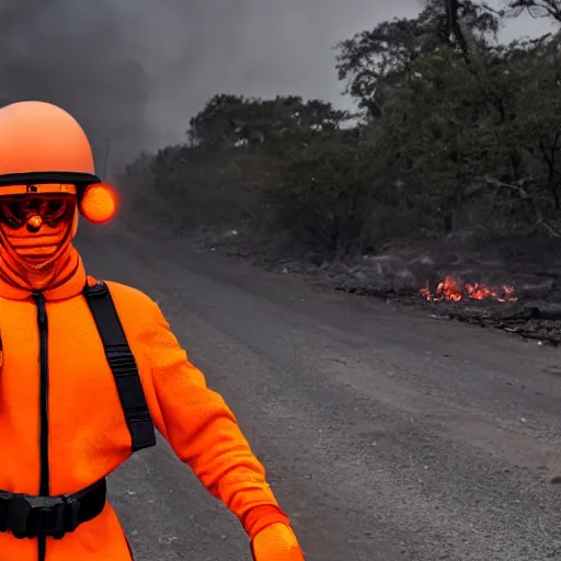 Image similar to a soldier with a glowing orange visor, a half-turn looks into the camera, bodies of the dead are scattered around, an orange fire in the background, 4k, details, dramatic pose