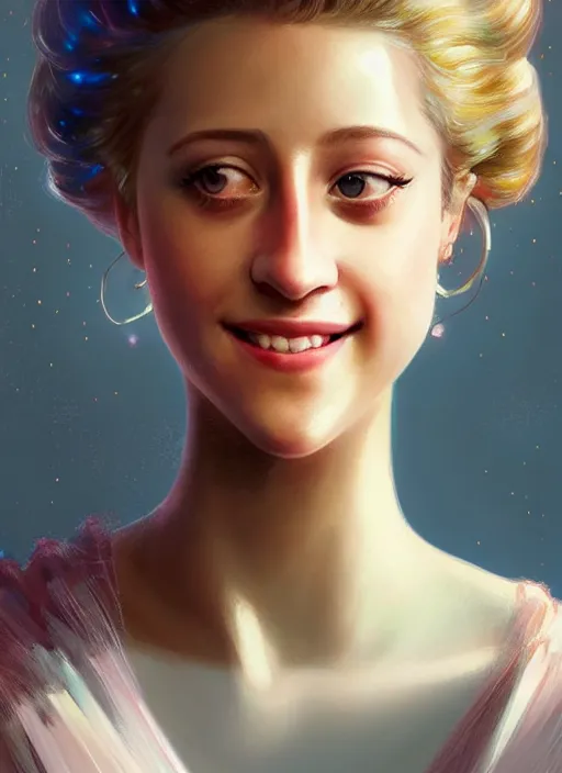 Image similar to portrait of lili reinhart with fluffy bangs, smiling kindly, bangs, 1 9 6 0 s, ponytail, curly bangs and ponytail, intricate, elegant, glowing lights, highly detailed, digital painting, artstation, concept art, smooth, sharp focus, illustration, art by wlop, mars ravelo and greg rutkowski