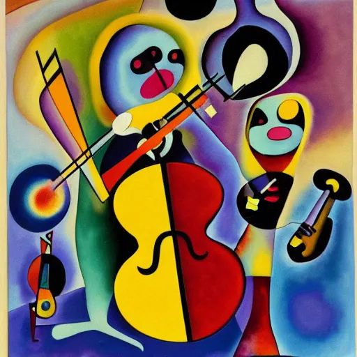 Prompt: sloths playing jazz instruments oil painting Wassily Kandinsky