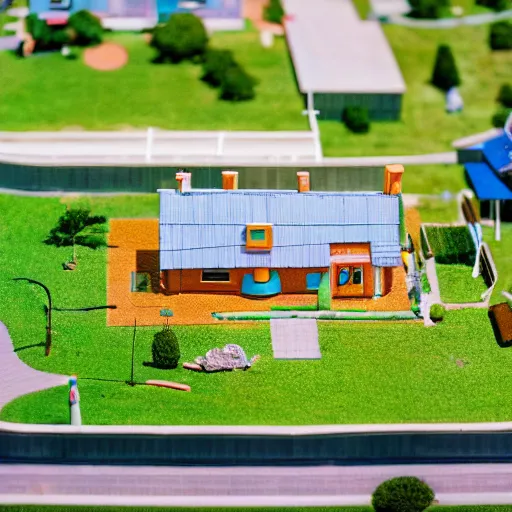 Image similar to diorama of The Simpsons' house, 742 Evergreen Terrace, tilt-shift photography, highly detailed