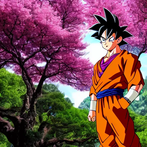 Prompt: ultrawide photo of goku wearing tuxedo standing in front of sakura trees, highly detailed, 8 k