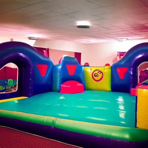 Image similar to a darkly lit indoor children's bounce house photo taken with a deposable camera limital space