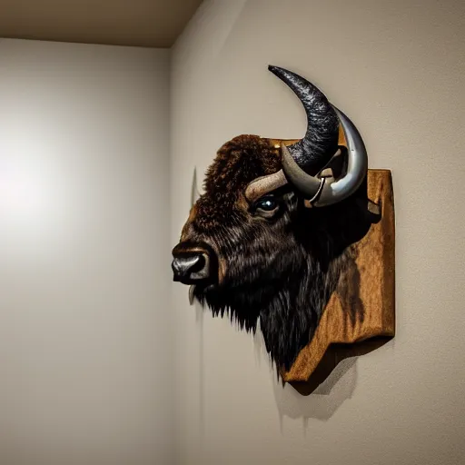 Image similar to hunting trophy in the form of a bison, head dressed in oculus vr, nailed to the wall,