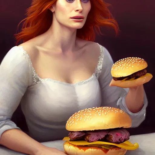 Image similar to portrait of Bryce Dallas Howard eating hamburgers, extra onions and ketchup, luscious patty with sesame seeds, feminine ethereal, handsome, D&D, fantasy, intricate, elegant, highly detailed, digital painting, artstation, concept art, matte, sharp focus, illustration, art by Artgerm and Greg Rutkowski and Alphonse Mucha