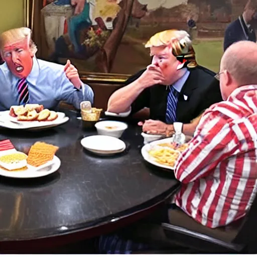 Image similar to photograph of trump and Biden sitting and eating breakfast at a Wafflehouse