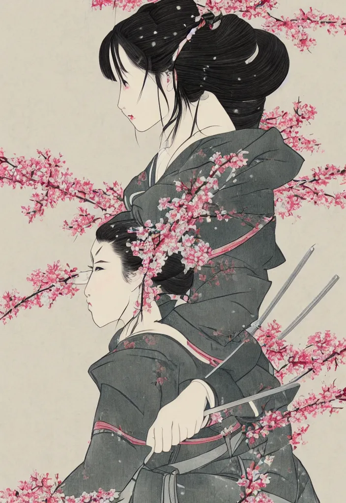 Image similar to detailed portrait of girl samurai in hakama with swords and rifles, in snow forest sakura cherry blossom, taisho roman, trending on artstation, elite, elegant, luxury, perfect face, fine details, realistic shaded, fine - face, pretty face