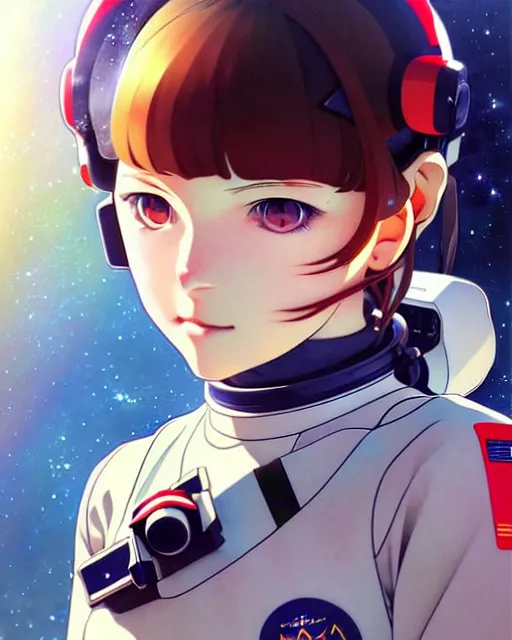 Image similar to ilya kuvshinov anime illustration of young astronaut girl, last exile, murata range, fine detail, perfect anime face, dramatic lighting, dynamic composition, art deco, cel shading, vivid, rich texture, yoshinari yoh, alphonse mucha, ( ( ( colorful ) ) )