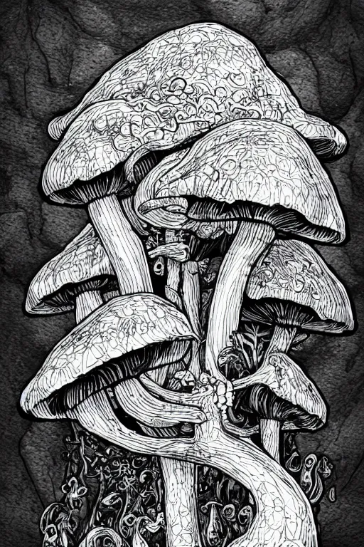 Image similar to black and white illustration, creative design, body horror, mushroom monster