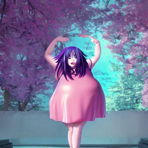 Image similar to morbidly obsese anime girl, anime girl with purple hair, kawaii girl, absurdly fat girl, 1, 2 0 0 pound girl, octane render, 2 0 1 9 anime