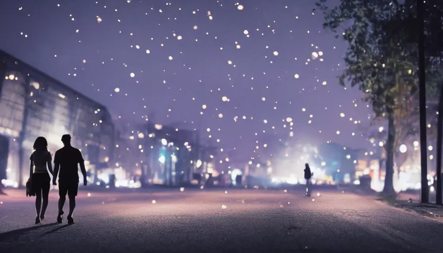 Image similar to couple walking down the street surrounded by fireflies, cinematic lighting, wow, establishing shot