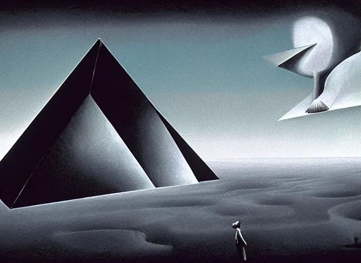 Prompt: Intricate swirling scroll with musical notation. Enormous, sharp, inflatable flying pig in the style of Pink Floyd Animals LP cover. A glass pyramid prism rendered in Unreal Engine in the style of Dark Side of the Moon, faded grey muted wash of distant pastel colors. By Storm Thorgerson. Cryengine, Raytracing, Psychedelic.