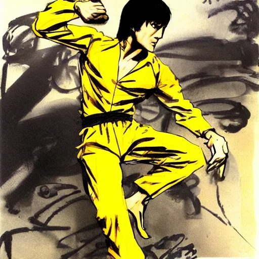 Image similar to Bruce Lee wearing a yellow jumpsuit by Yoji Shinkawa and Ashley Wood