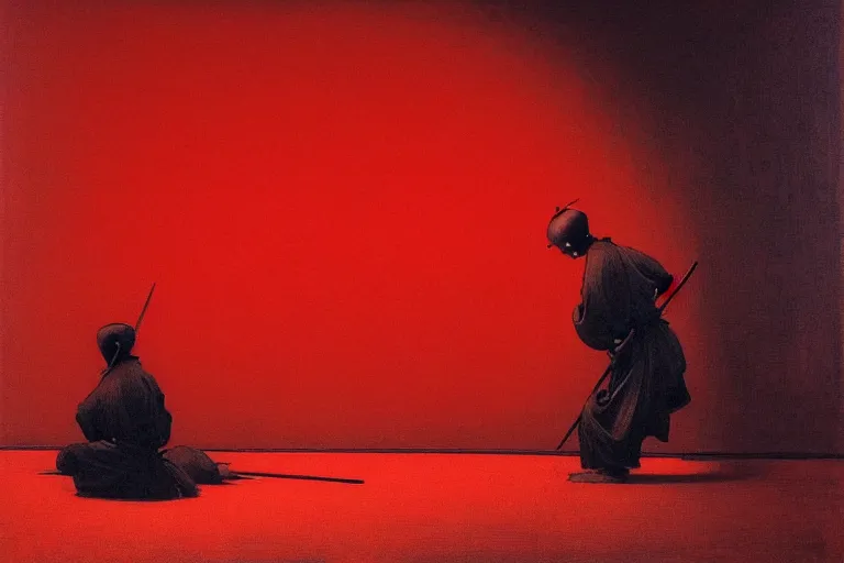 Image similar to only with red, a red samurai do seppuku, tokio, a lot of frogs watch, in the style of beksinski, parts by edward hopper, parts by rodcenko, parts by yue minjun, intricate and epic composition, red by caravaggio, insanely quality, highly detailed, masterpiece, red light, artstation, 4 k