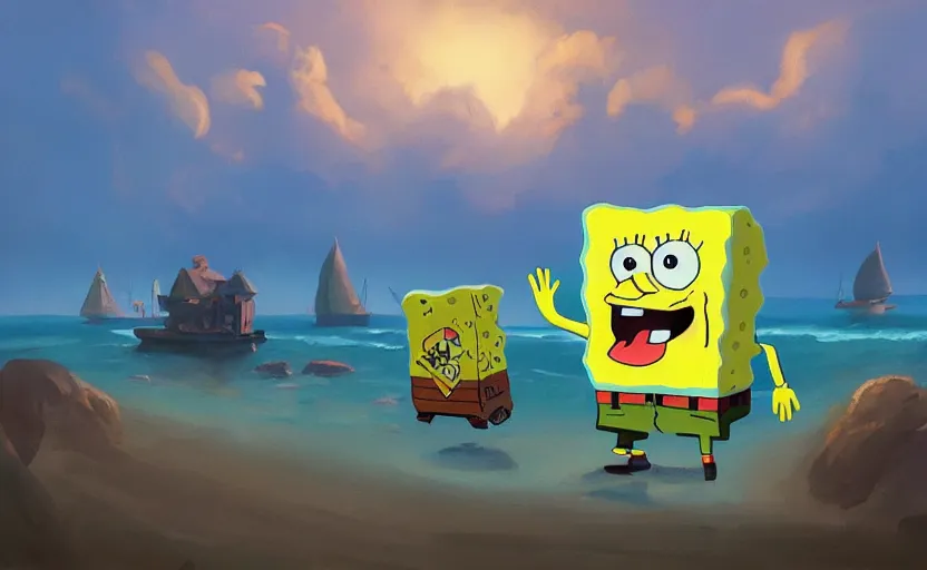 Prompt: A painting of Spongebob trending on artstation in the style of Greg Rutkowski