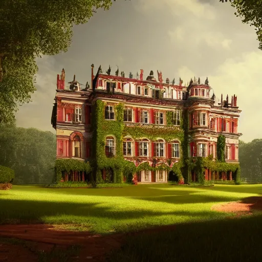 Prompt: matte painting of a countryside landscape of a nobleman large estate with xix century manor. fantastical, elegant, intricate elaborate, red brick, ivy, opulent, archways, columns, balcony, towers, verdant lawn. sharp focus, smooth detailed digital art trending in artstation