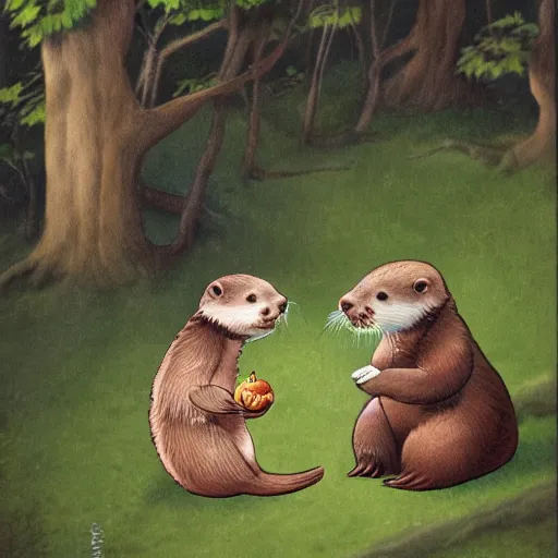 Prompt: an otter child wearing cute overalls holds out a chestnut in its paws, fantasy illustration,