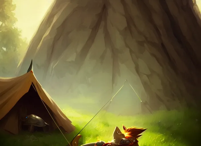 Prompt: full portrait of link from zelda resting with his bow at his tent. intricate, elegant, highly detailed, digital painting, artstation, concept art, smooth, sharp focus, illustration, by greg rutkowski, 8 k