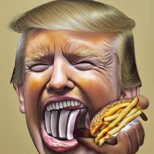 Image similar to donald trump licking a burger with his tongue out, art by jenny saville detailed, sharp, smooth
