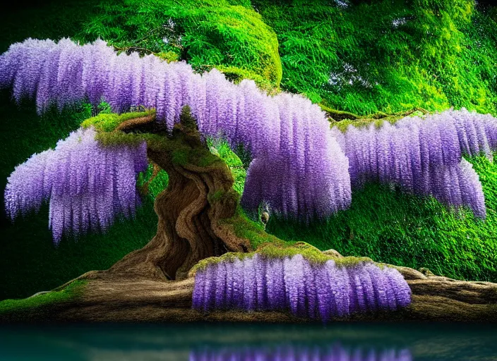 Image similar to long shot of a tiny wisteria tree on an island in a river in an underground cave. fantasy magic style. highly detailed 8 k. intricate. lifelike. epic. movie poster. soft light. sony a 7 r iv 5 5 mm. cinematic post - processing