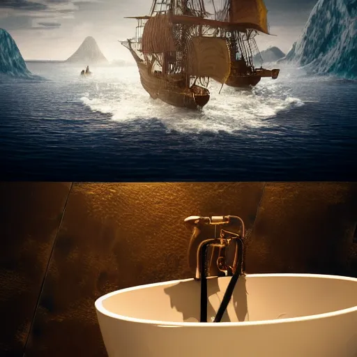 Image similar to in a bathroom looking down at a bath tub full of water with a pirate ship battle in the tub, highly detailed, cinematic lighting, render, fantasy