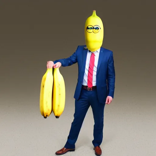 Image similar to a person with a banana head wearing a business suit