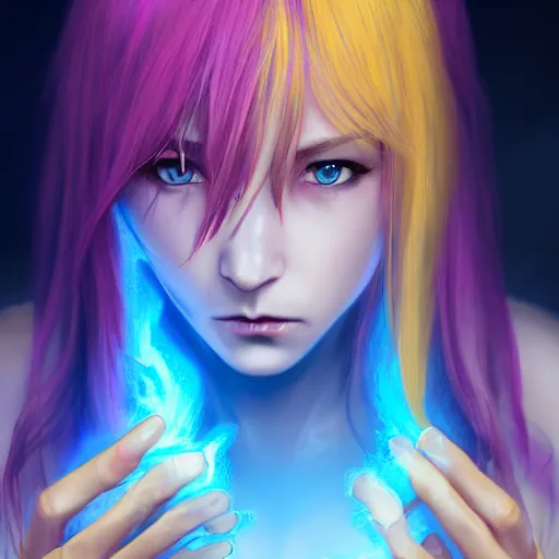 Image similar to rimuru tempest from tensura holding purple fire in her palm, with amber eyes of golden colored eyes, straight hair, sky blue hair, long bangs, concept art, award winning photography, key visual, digital painting, cinematic, wlop, 8 k, by ross tran, andy warhol, tom bagshaw