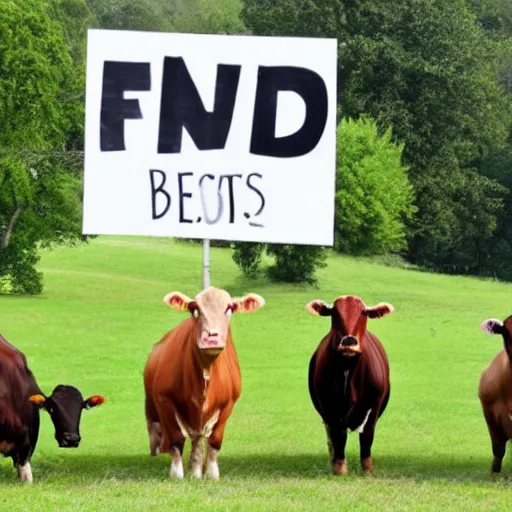 Image similar to 3 cows standing on 2 legs holding signs