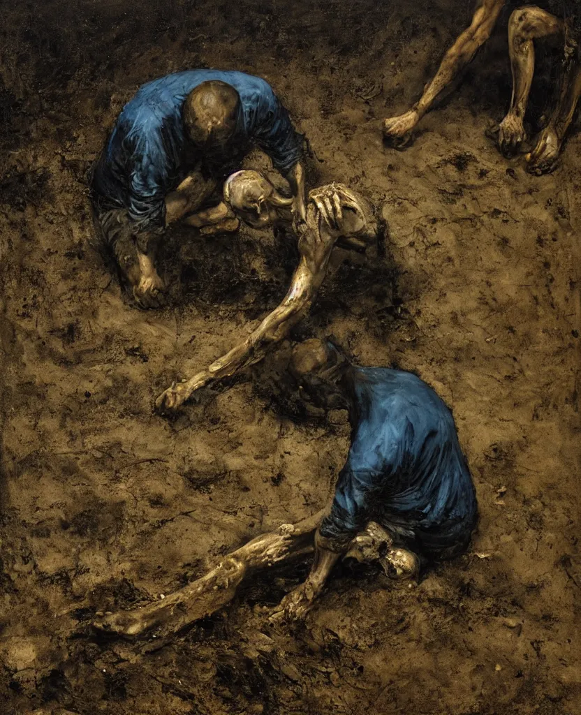 Image similar to a man in a cemetery digging up a dead body, by nicola samori, painting, 8 k, high detail, medium blue, orange, and dark green tones, high quality, sad feeling, high detail, dark colors, sinister atmosphere, dramatic lighting, cinematic, establishing shot, extremely high detail, photo realistic, cinematic lighting