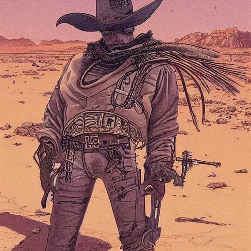 Image similar to cyborg cowboy in a desert space wild west town, highly detailed, by moebius