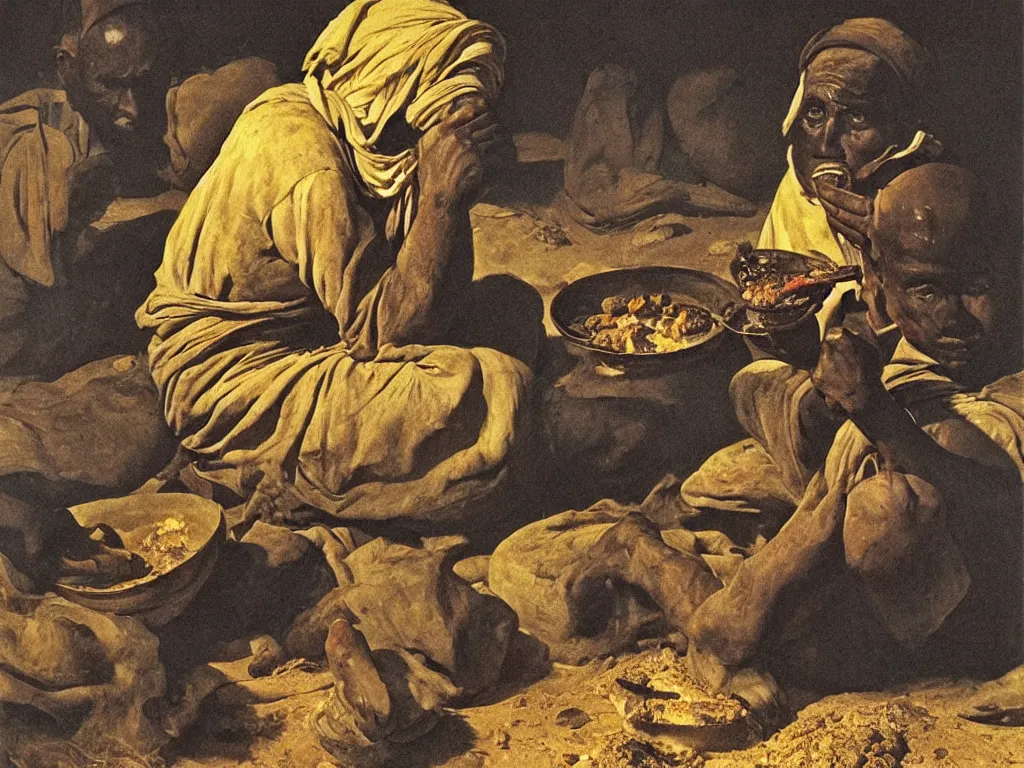 Image similar to The worker of the gold mines eating. Night. Painting by Georges de la Tour, Sebastiao Salgado
