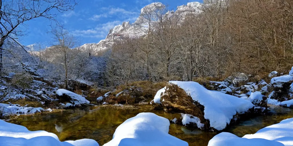 Image similar to beautiful idyllic poster for a craggy snow valley national park