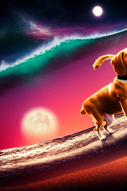 Image similar to beagle dog surfing a surfboard on a sparkly crashing wave of stardust in space, background is a moon in nebula, octane render, unreal engine, wide view, 8 k, highdetaild