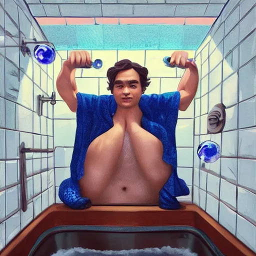 Image similar to Frank Dillane taking a bubble bath in an old-fashioned bathtub, bubbles, bashful, shy, adorable, shower cap, rubber ducky, union jack bath towel, beer bottle, artgerm, disney colors, artstation, epic composition, award winning artwork, trending on artstation, high quality printing, Ilya Kuvshinov, very coherent