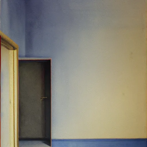 Image similar to close up of a girl in a blue and gold haunted liminal abandoned room, watercolor by gottfried helnwein, by hammershøi, art noveau, highly detailed, lights by edward hopper, liminal, eerie, bright pastel colors