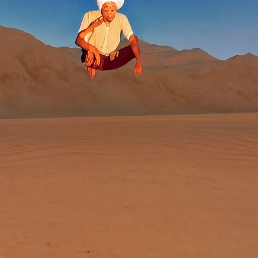 Image similar to low quality image of an indian man in a turban floating above a desert