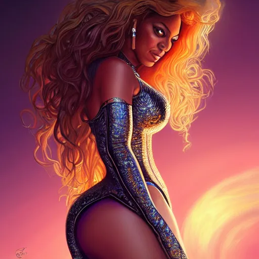 Image similar to Beyonce as a fantasy magic woman portrait, sci-fi, amber eyes, face, long hair, fantasy, intricate, elegant, highly detailed, digital painting, artstation, concept art, smooth, sharp focus, illustration, art by artgerm and greg rutkowski and alphonse mucha