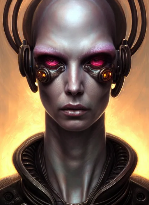 Prompt: closeup portrait shot of a cyberpunk alien in a scenic dystopian environment, intricate, elegant, highly detailed, centered, digital painting, artstation, concept art, smooth, sharp focus, illustration, artgerm, tomasz alen kopera, peter mohrbacher, donato giancola, joseph christian leyendecker, wlop, boris vallejo