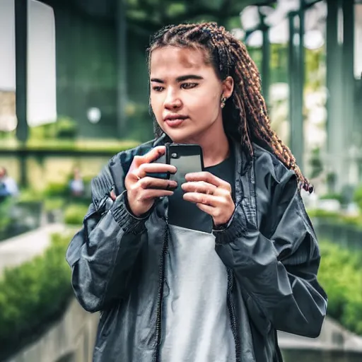 Image similar to candid photographic portrait of a poor techwear mixed young woman using a phone inside a dystopian city, closeup, beautiful garden terraces in the background, sigma 85mm f/1.4, 4k, depth of field, high resolution, 4k, 8k, hd, full color