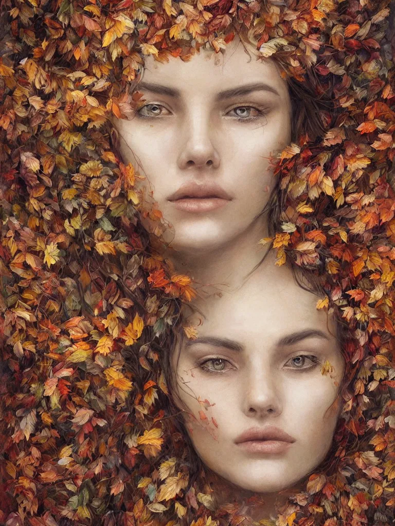 Prompt: a portrait of a woman with serene emotion surrounded by a chaotic tornado of autumn leaves, intricate details, aesthetically pleasing and harmonious natural colors, art by marco mazzoni, impressionism, detailed, dark