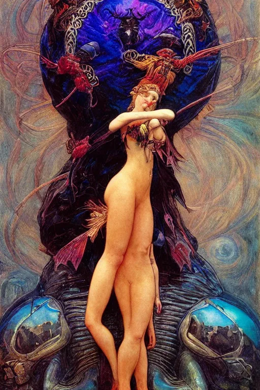 Image similar to gutterpunk goddess , by Annie Swynnerton and jean delville and Gaston Bussière and Tino Rodriguez, black leather and embroidered velvet, iridescent beetles, rich color, dramatic cinematic lighting, extremely detailed